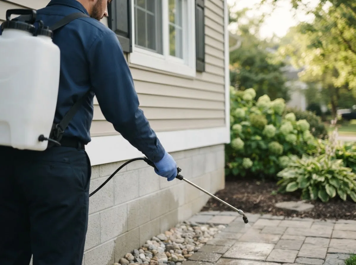 Pest control technician inspecting a home in Jewett, IL